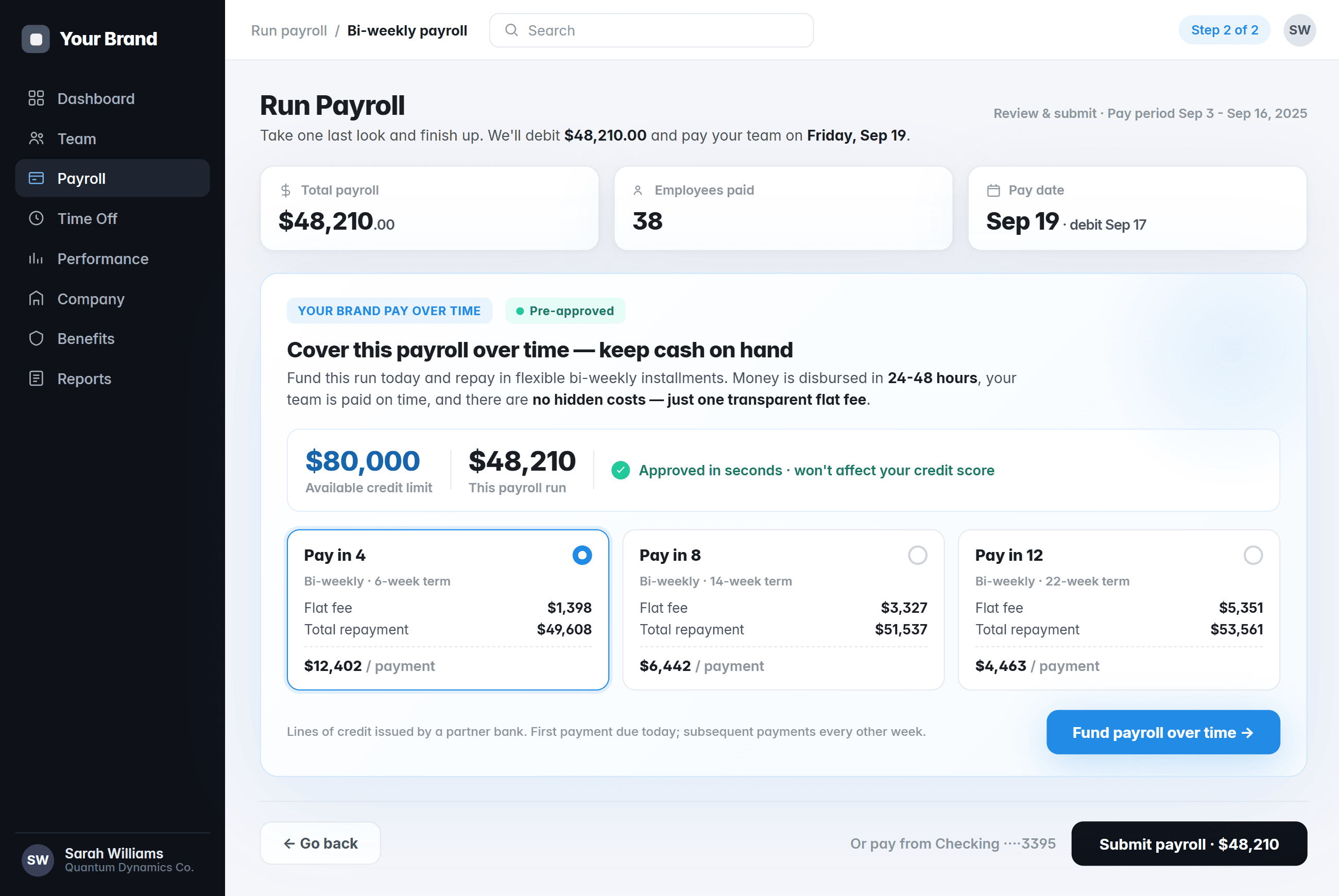 Lendea Pay Over Time embedded in the payroll run review screen